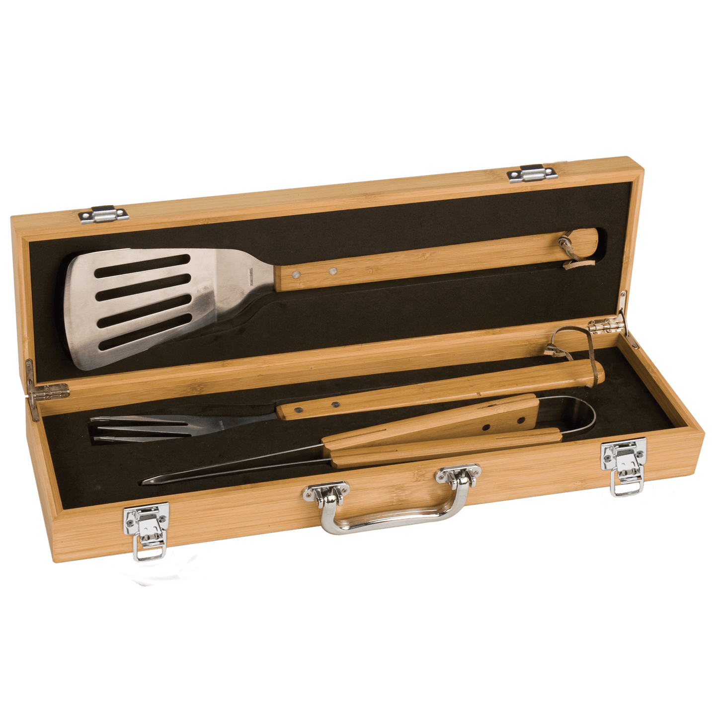 Customized Genuine Bamboo 3 Piece BBQ Set in a Bamboo Case