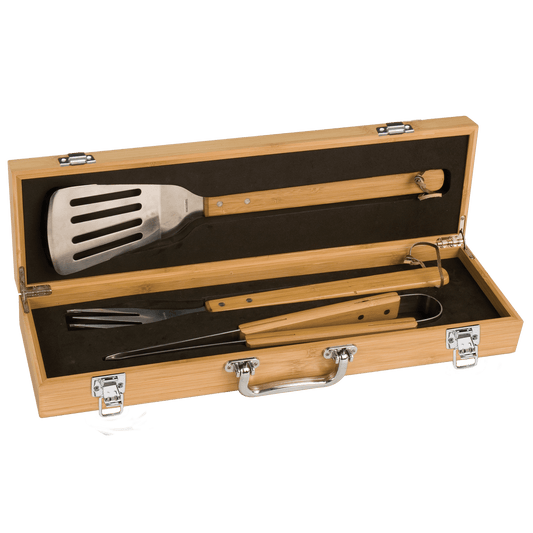 Customized Genuine Bamboo 3 Piece BBQ Set in a Bamboo Case