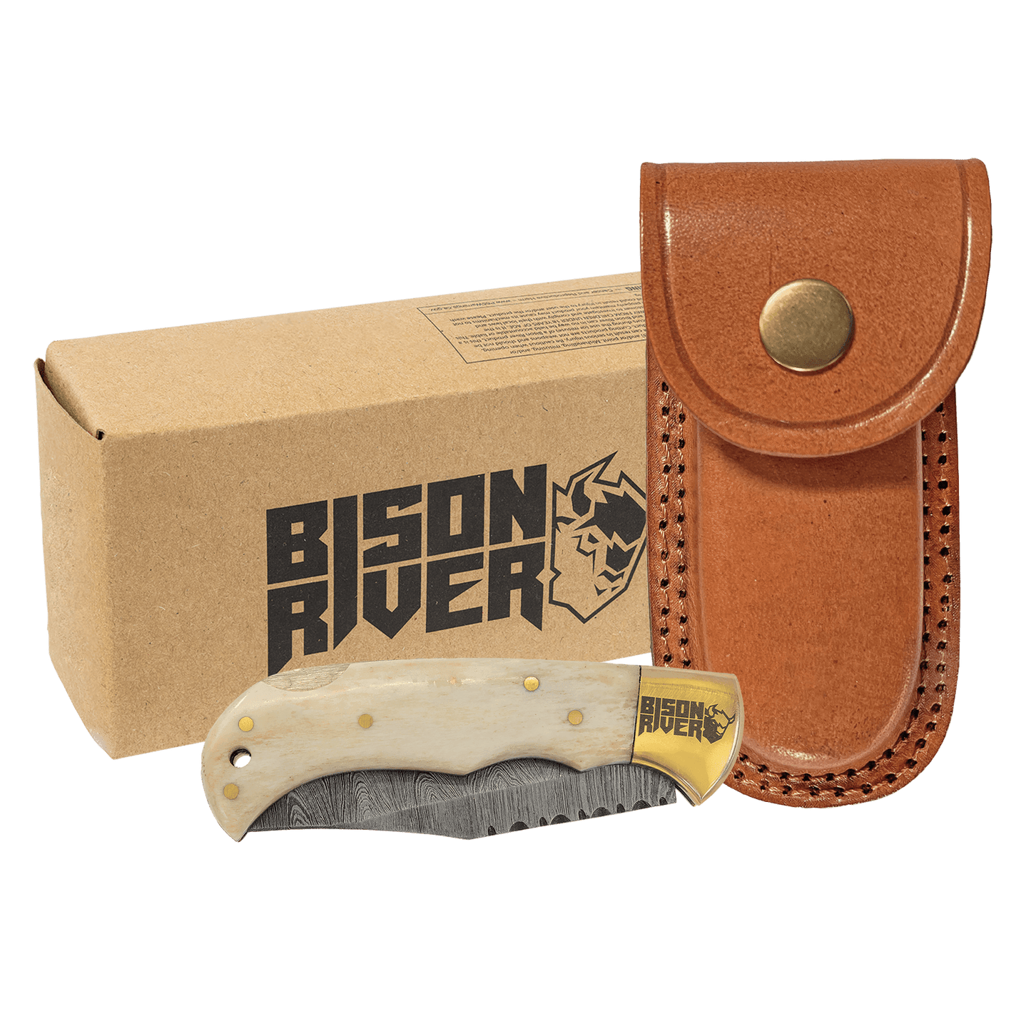 Customized for You Bison River 3 3/4" Bone Folding Knife with Damascus Blade and Leather Sheath