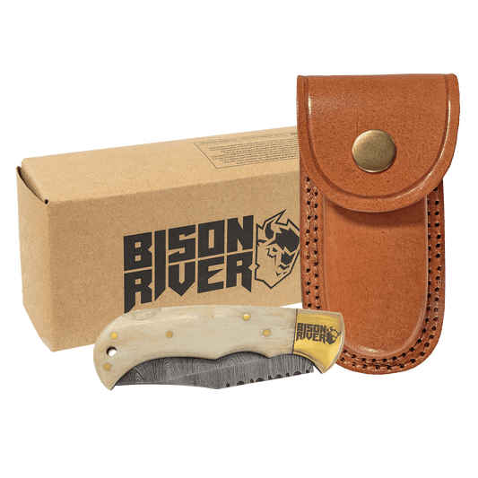 Customized for You Bison River 3 3/4" Bone Folding Knife with Damascus Blade and Leather Sheath