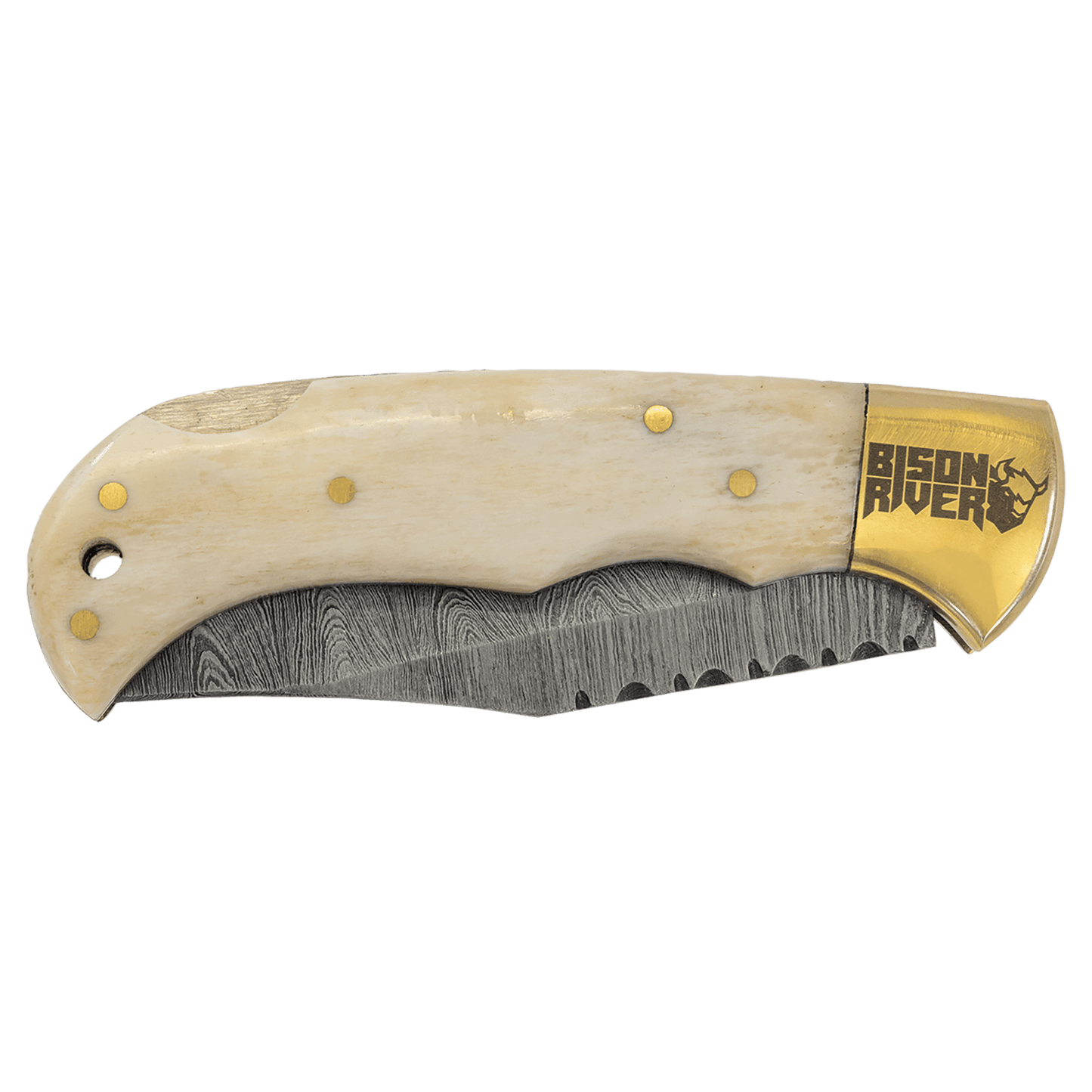 Customized for You Bison River 3 3/4" Bone Folding Knife with Damascus Blade and Leather Sheath
