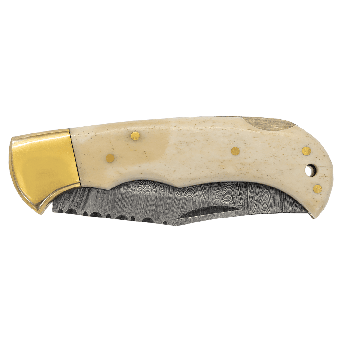 Customized for You Bison River 3 3/4" Bone Folding Knife with Damascus Blade and Leather Sheath