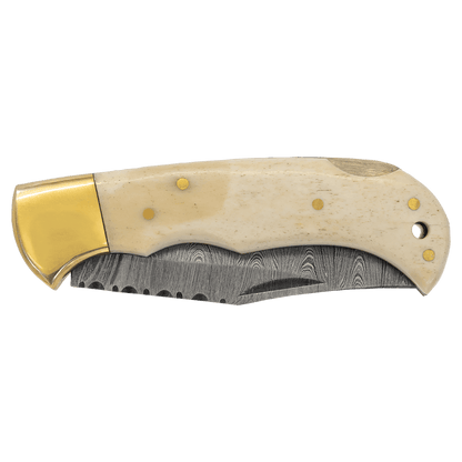 Customized for You Bison River 3 3/4" Bone Folding Knife with Damascus Blade and Leather Sheath