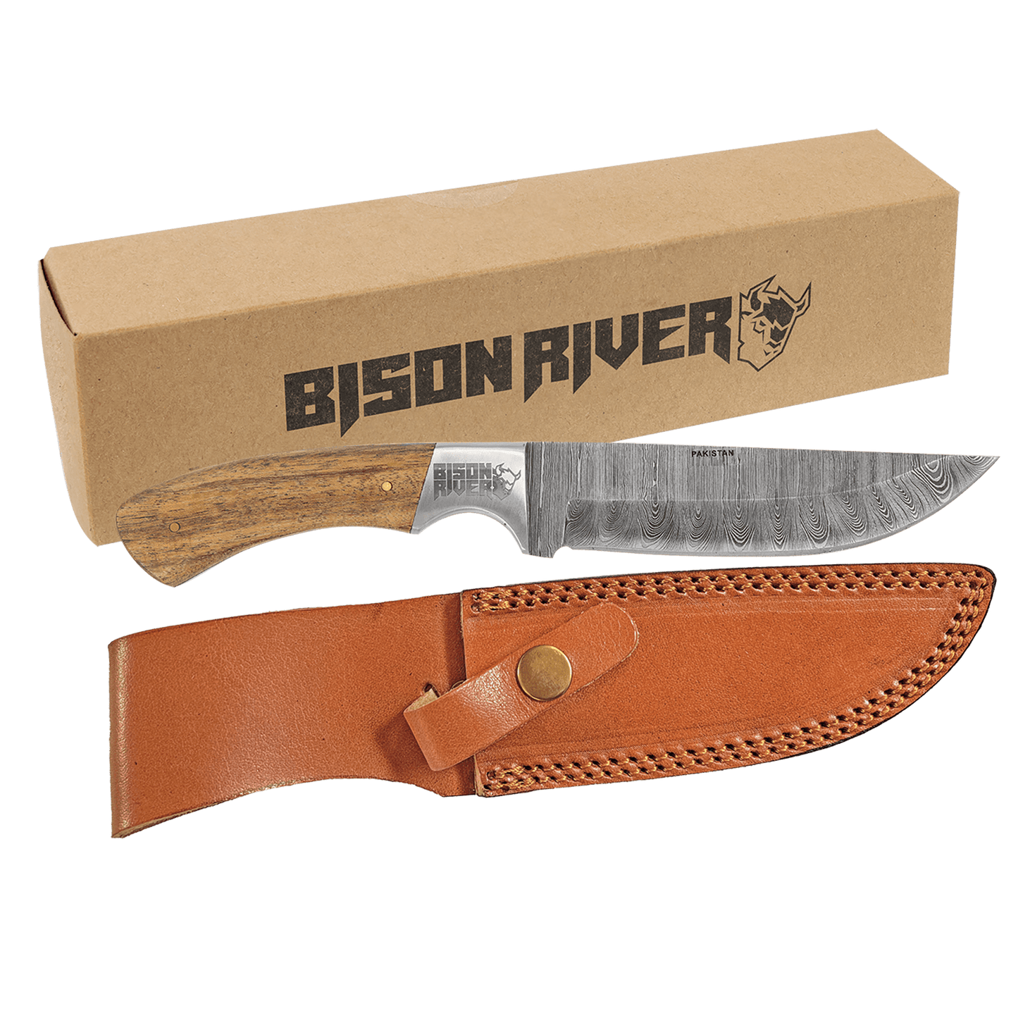 Customized Bison River 9 1/2" wood Knife with Damscus Blade and Leather Sheath