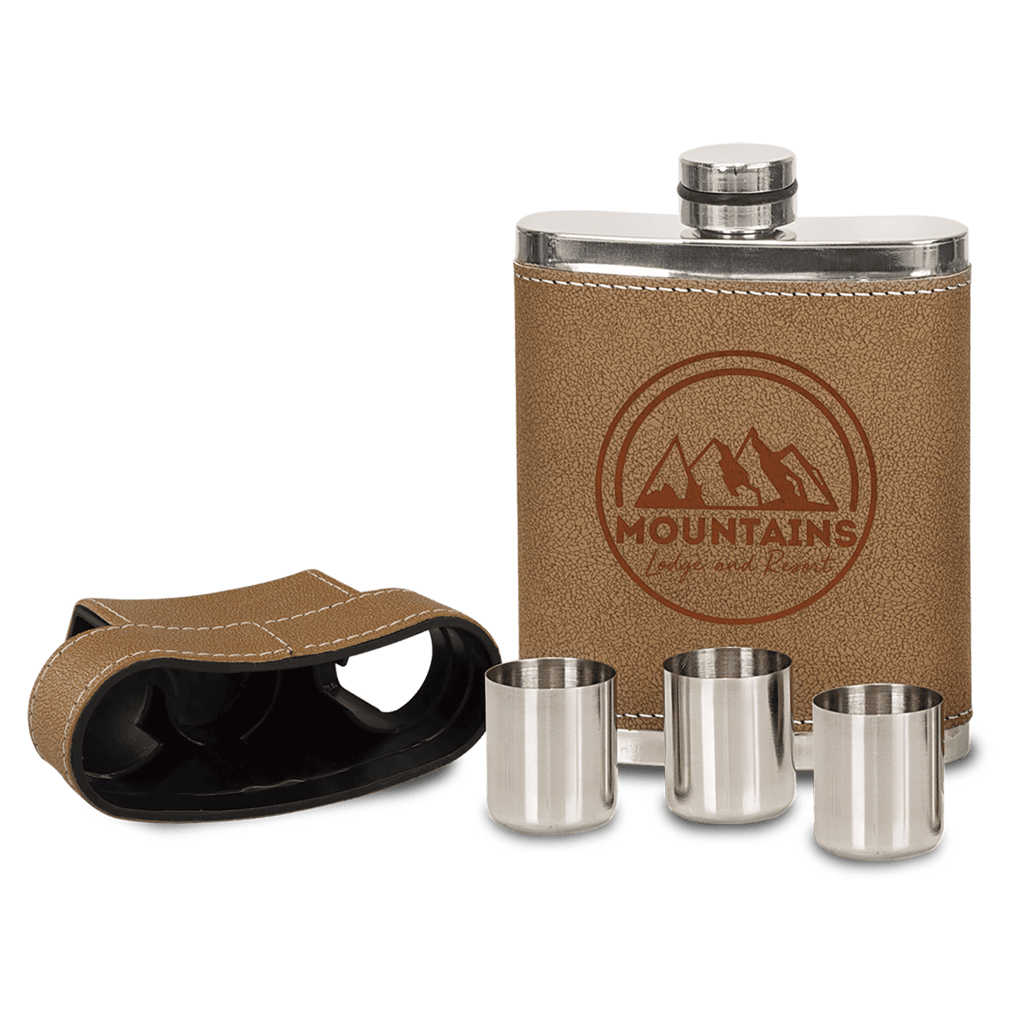 Customized 70z. Leather Flask with 3 Shot Glasses