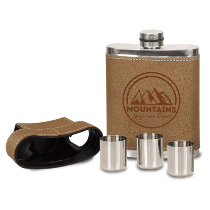 Customized 70z. Leather Flask with 3 Shot Glasses